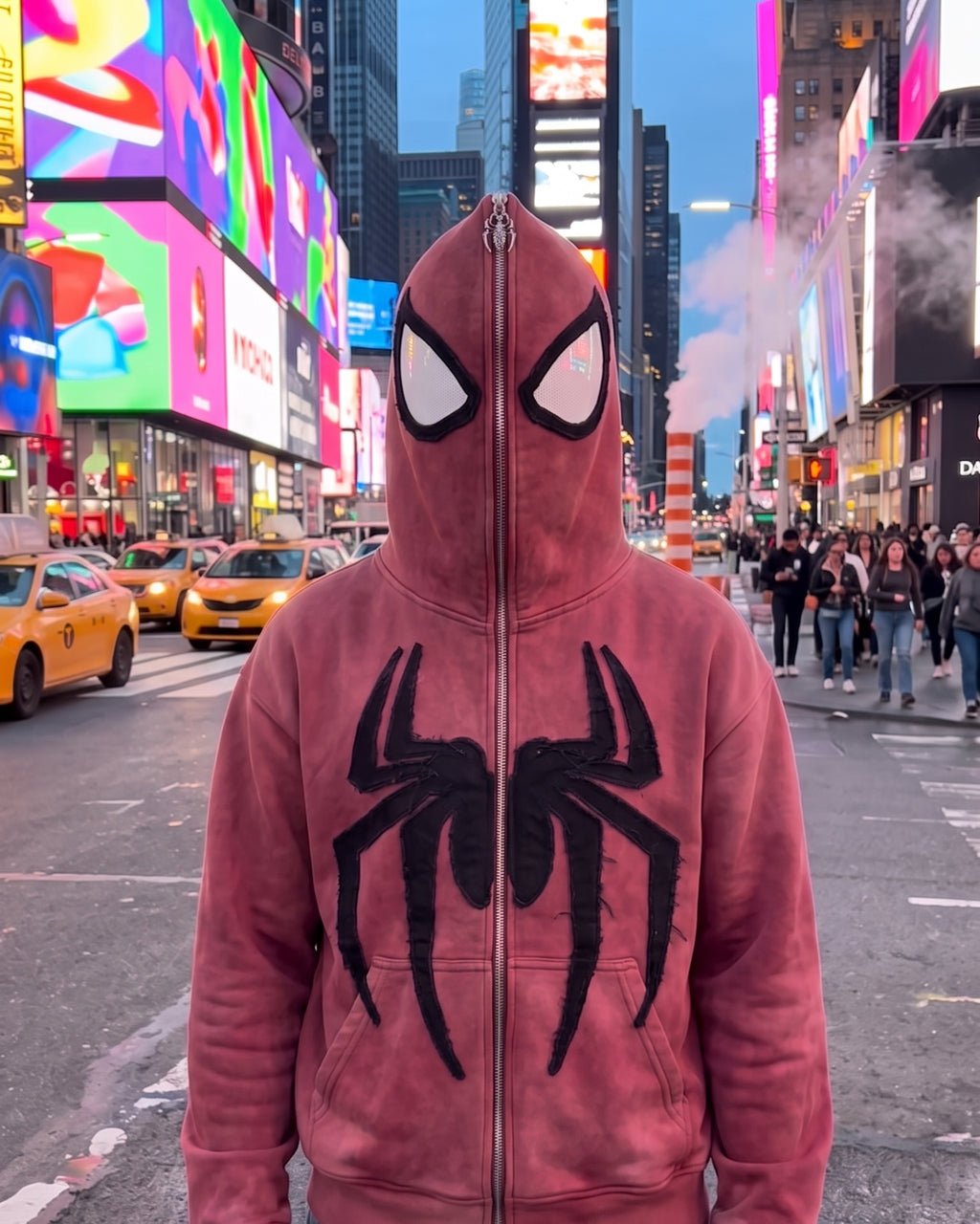 Faded Crimson full-face zip hoodie worn with the hood zipped shut, standing in Times Square at dusk