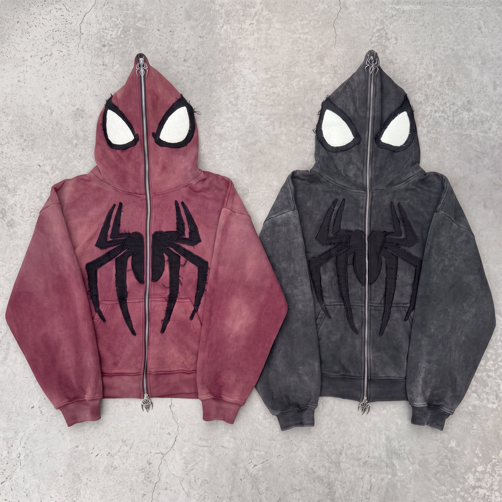 Full-face zip hoodie in Faded Crimson and Washed Black side by side on concrete