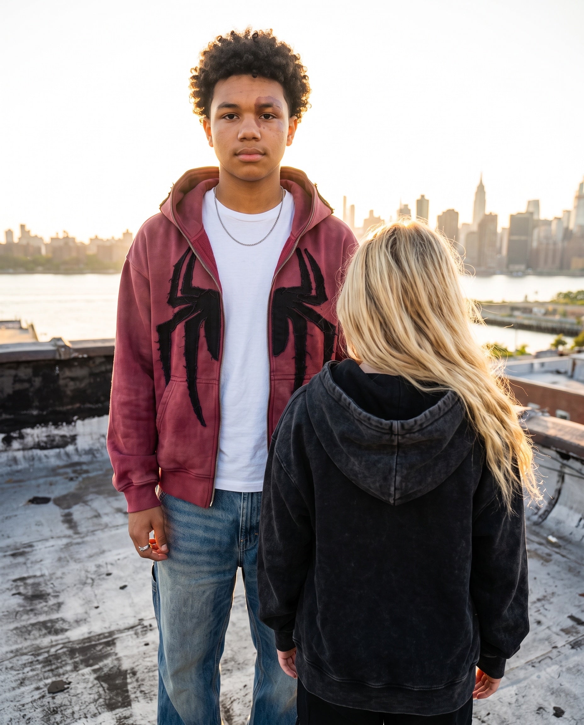 Two people on a Brooklyn rooftop wearing the zip hoodie in crimson and black, showing the plain back