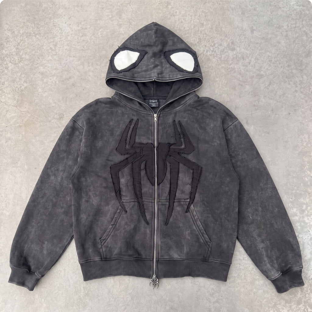 Washed Black zip hoodie laid flat with the hood unzipped and open